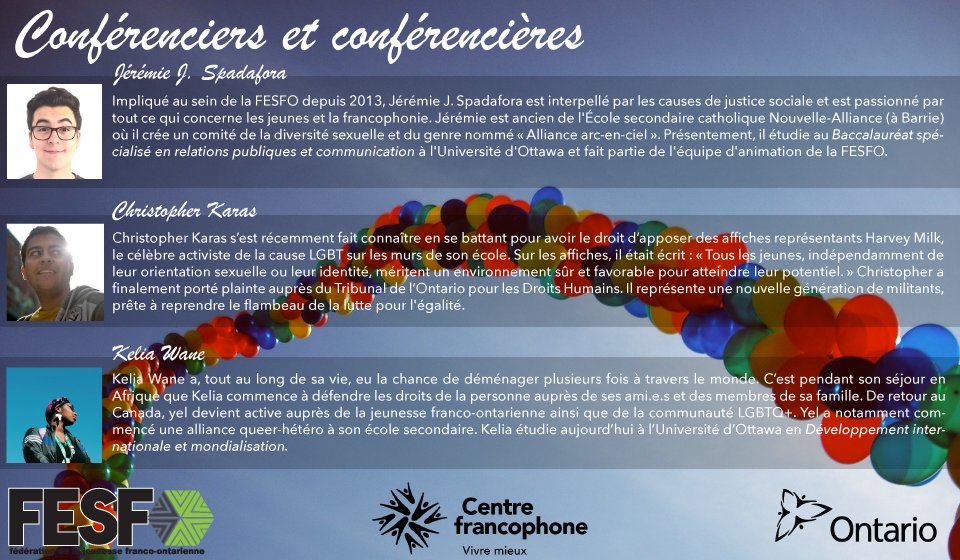 laFESFO's tweet photo. Vous avez jusqu'au 4 octobre pour vous inscrire aux colloques LGBTQ+ ! Venez rencontrer nos conférenciers et conférencières dynamiques ! Une belle opportunité pour les participant.e.s d'échanger sur les enjeux de la communauté. #ONfr https://t.co/8aSd5DtEuL