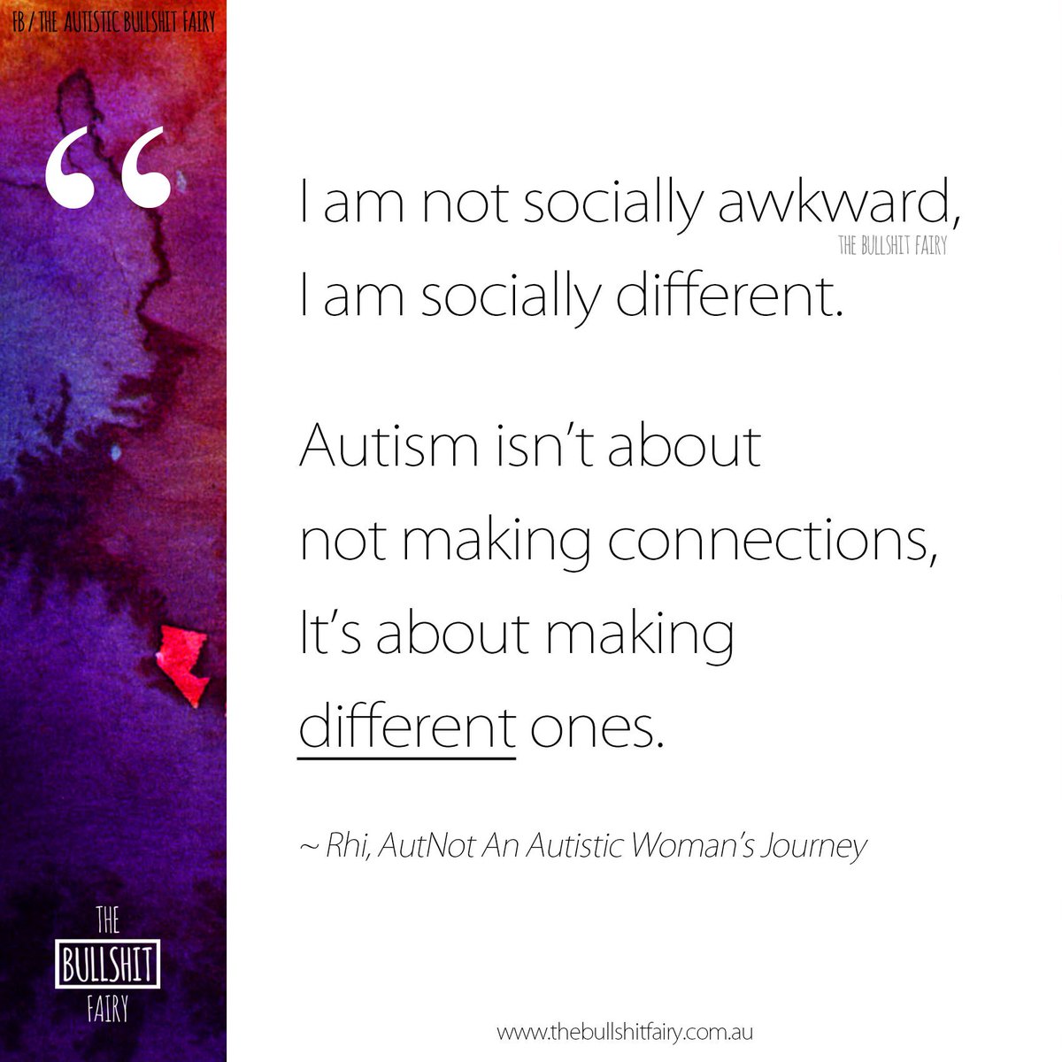 BullshitFairy's tweet photo. "I am not socially awkward, I am socially different." ~ Rhi, AutNot https://t.co/8OyDCJZLyw  #autism #actuallyautistic https://t.co/2YywhlOvFl