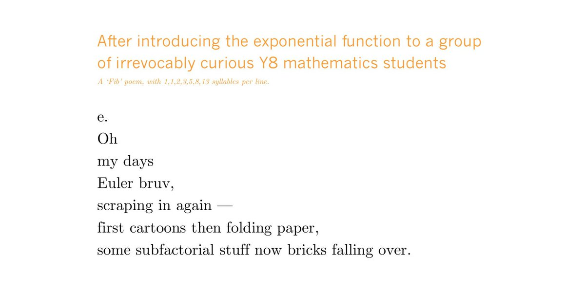 MathsEdIdeas's tweet image. After introducing the #ExponentialFunction to a group of irrevocably curious Y8 maths students. #NationalPoetryDay #FibPoems