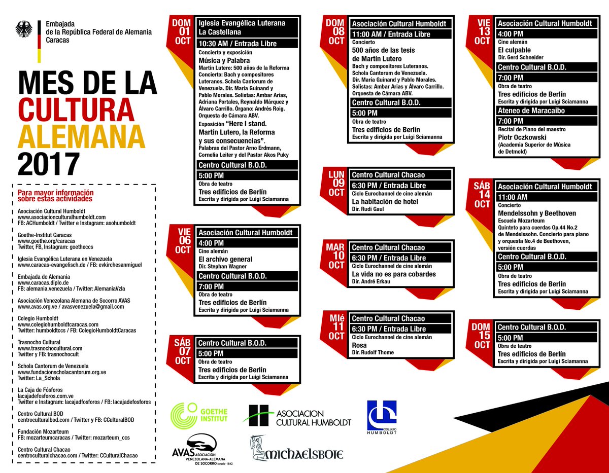 En el #MesDeLaCulturaAlemana 2017 el esfuerzo es conjunto --> <a href="/AlemaniaVzla/">Embajada de Alemania en Venezuela</a> <a href="/Asohumboldt/">Asociación Cultural Humboldt</a> @goetheccs <a href="/humboldtccs/">Colegio Alemán Humboldt Caracas</a> #AVAS <a href="/bazar_aleman/">Bazar Alemán</a> (1/2)