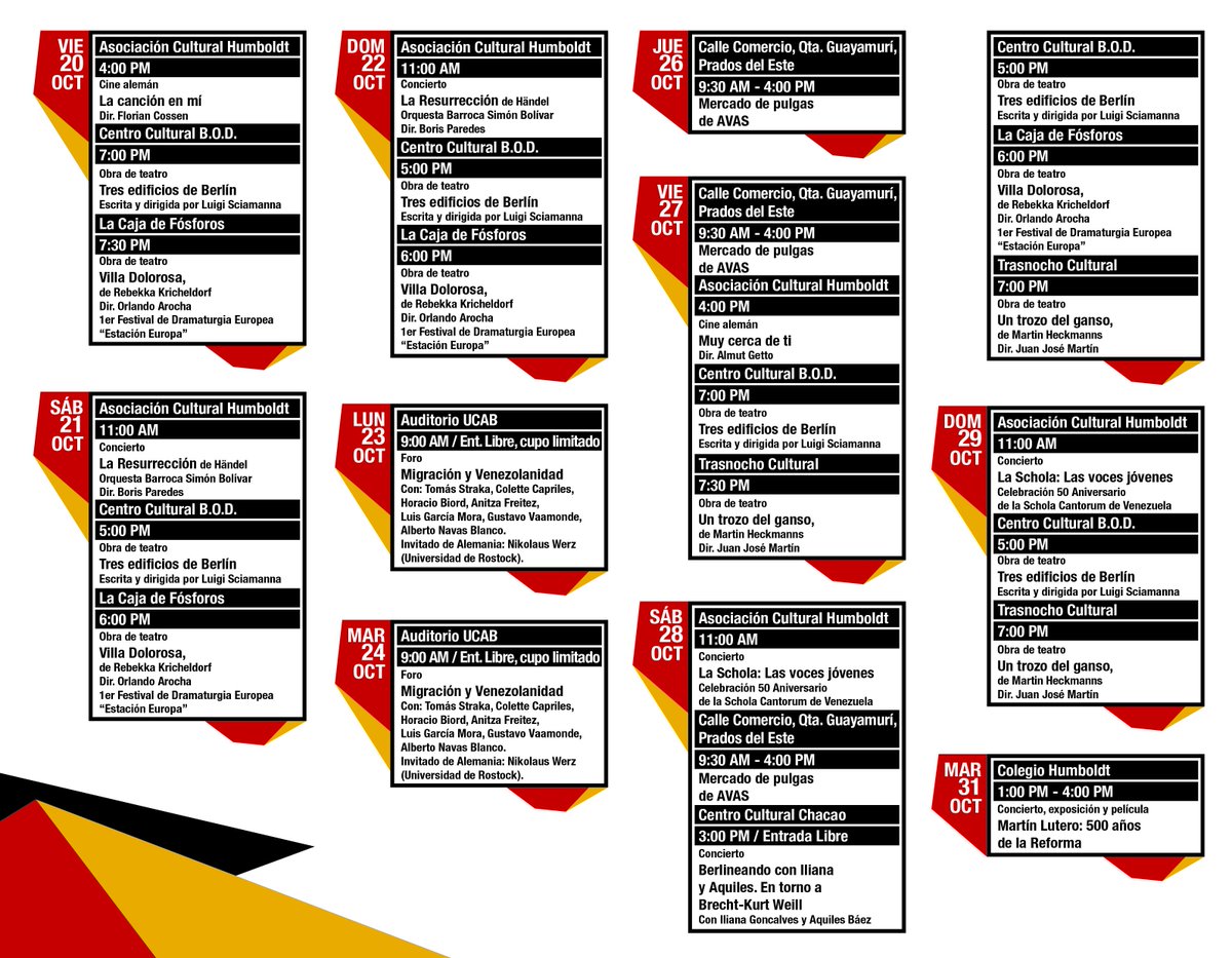 #MesDeLaCulturaAlemana 2017 un honor compartir grilla con --> <a href="/trasnochocult/">Trasnocho Cultural</a> <a href="/La_Schola/">La_Schola</a> <a href="/LaCajaDFosforos/">La Caja de Fósforos</a> @CCulturalBOD <a href="/CculturalChacao/">Centro Cultural Chacao</a> 2/2
