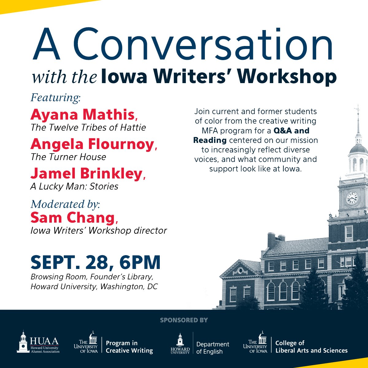 HowardU's tweet photo. Attend a conversation with the Iowa Writer's Workshop Sept. 28th at 6pm. #EventsatHowardU https://t.co/iZ3t5GW6Oc