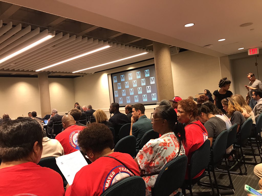 GeorgetownKILWP's tweet image. A sea of WMATA workers and community members pack the room to #SaveOurSystem! #FundItFixItMakeItFair