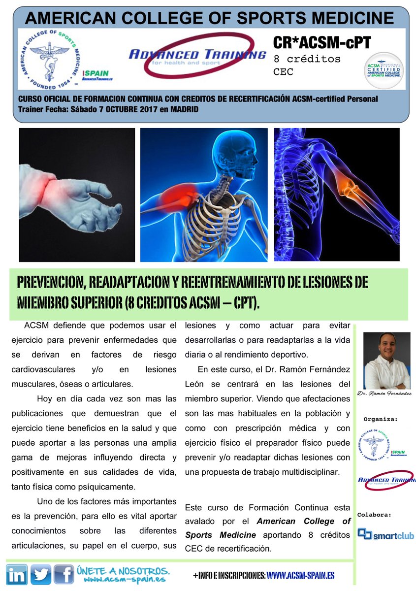 ACSMSpain's tweet photo. 📢CONVOCATORIA CURSO 7 DE OCTUBRE: LESIONES MIEMBRO SUPERIOR. @ramon_maka 📝Inscríbete AHORA👇+Info📓https://t.co/vFk0U6i6ck https://t.co/IUpdbu9saU