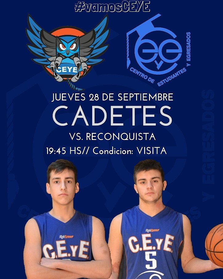 Hoy desde las 19:45 los cadetes buscaran una nueva victoria cuando visiten a Reconquista...  #vamosCEYE