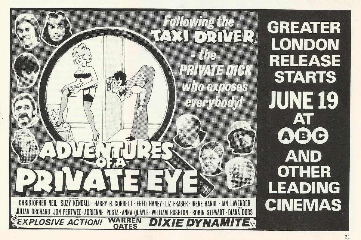 Christopher Neil
Suzy Kendall
Harry H. Corbett
&amp; Jon Pertwee
in Adventures Of A Private Eye.
Film Review July 1977.