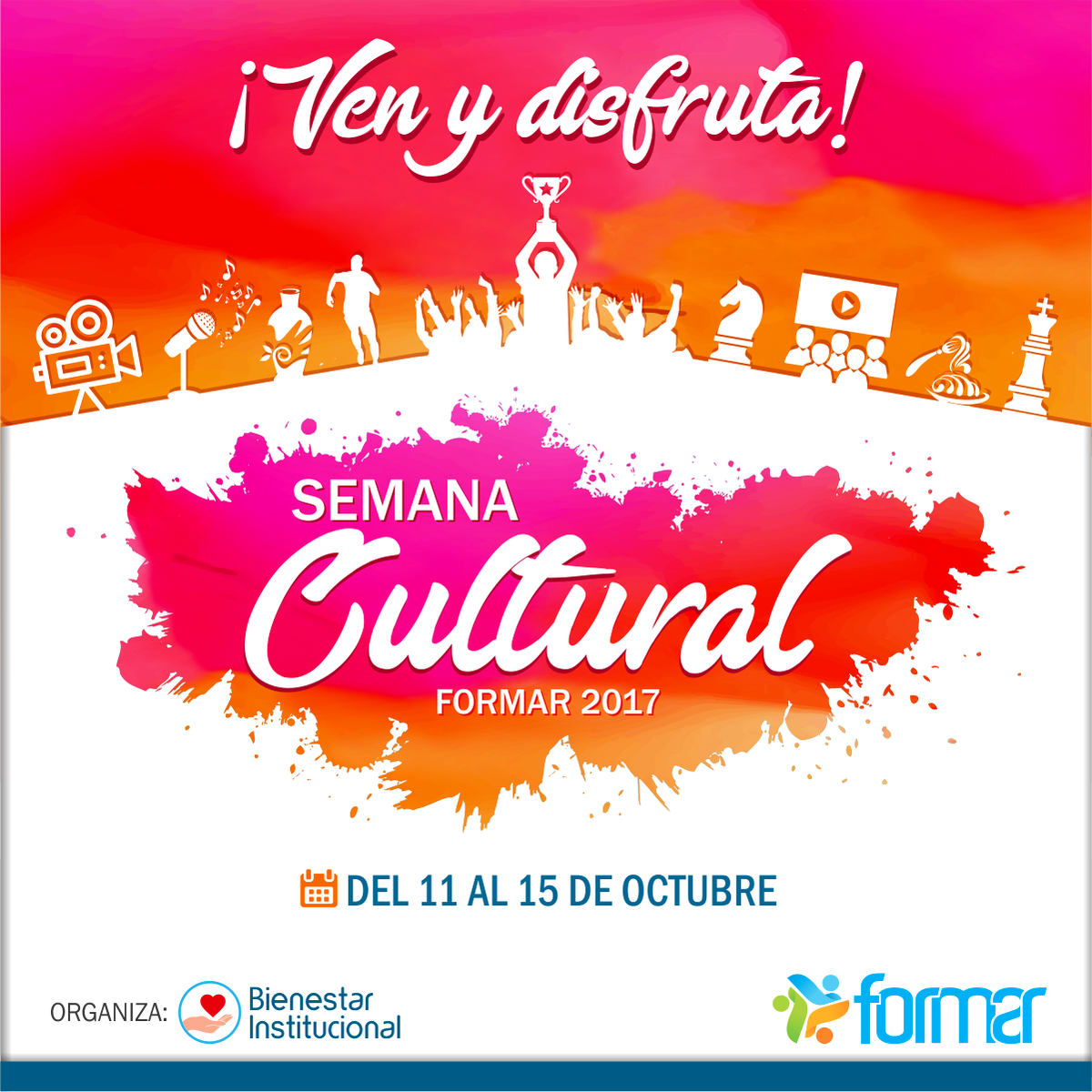 FORMAREDU's tweet photo. A partir del 11 al 15 de Octubre ven, vive y disfruta la SEMANA CULTURAL FORMAR 2017! https://t.co/P23jODa2Zi