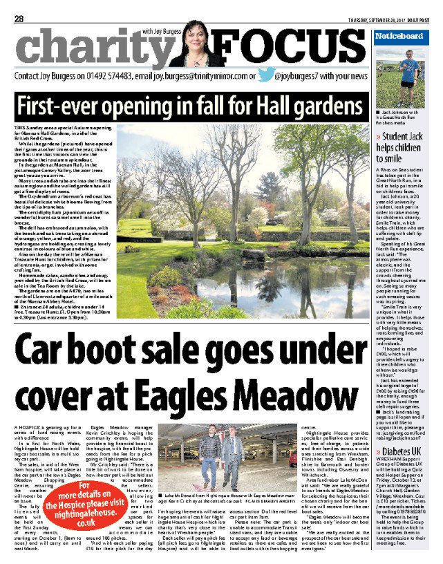 In this week's <a href="/dailypostwales/">DailyPostWales</a> Charity Focus, a car boot sale is going under cover at <a href="/EaglesMeadow/">Eagles Meadow</a> to aid <a href="/NightingaleHH/">Nightingale House</a>