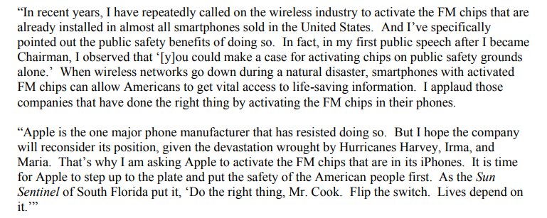 AjitPai's tweet image. In wake of #Harvey, #Irma, &amp;amp; #Maria, I'm calling on @Apple to activate FM chips in iPhones to promote public safety. go.usa.gov/xRhFT