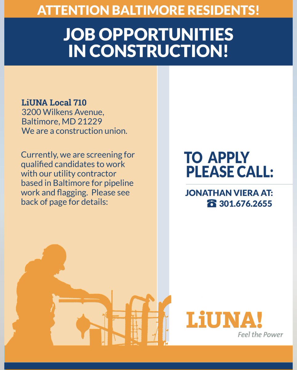 BaltDCBldgUnion's tweet photo. Looking for a career in construction? Check out @maLiUNA current opportunities...great wages, health benefits. #WorkBaltimore https://t.co/uDnQUviHl9