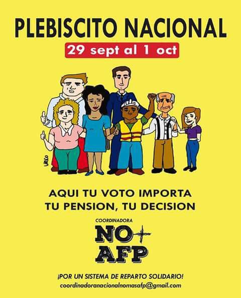 NOmasAFP's tweet image. Súmate y participa #PlebiscitoNOmasAFP 29-30 de sept y 1 de oct, Online vía plebiscitopensiones.cl o presencial en coordinadoranomasafp.cl/wp/wp-content/…