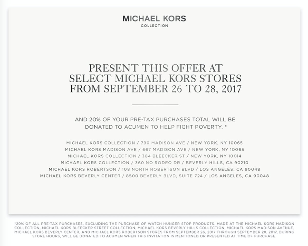 Acumen's tweet image. Shop at the following @MichaelKors locations in NY and LA today and 20% of your pre-tax purchases total will be donated to @Acumen!