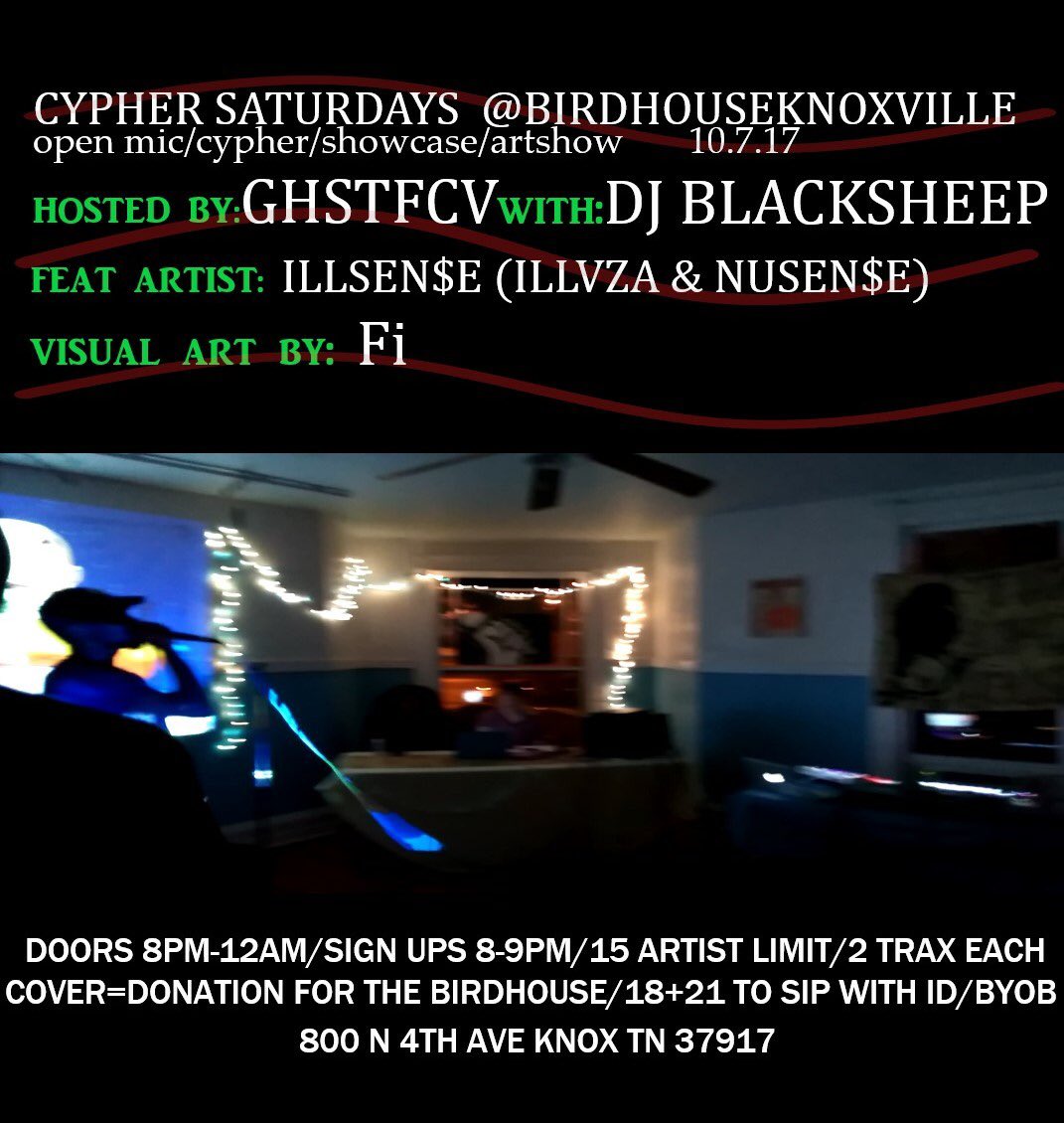 CypherKnoxville's tweet photo. Knox and UTK! Come through 10/7 for CYPHER SATURDAY 🗣⚡️ @BrotherofNature on the 1’s &amp; 2’s BYOB 18+ https://t.co/Vr4ZnmHOyQ