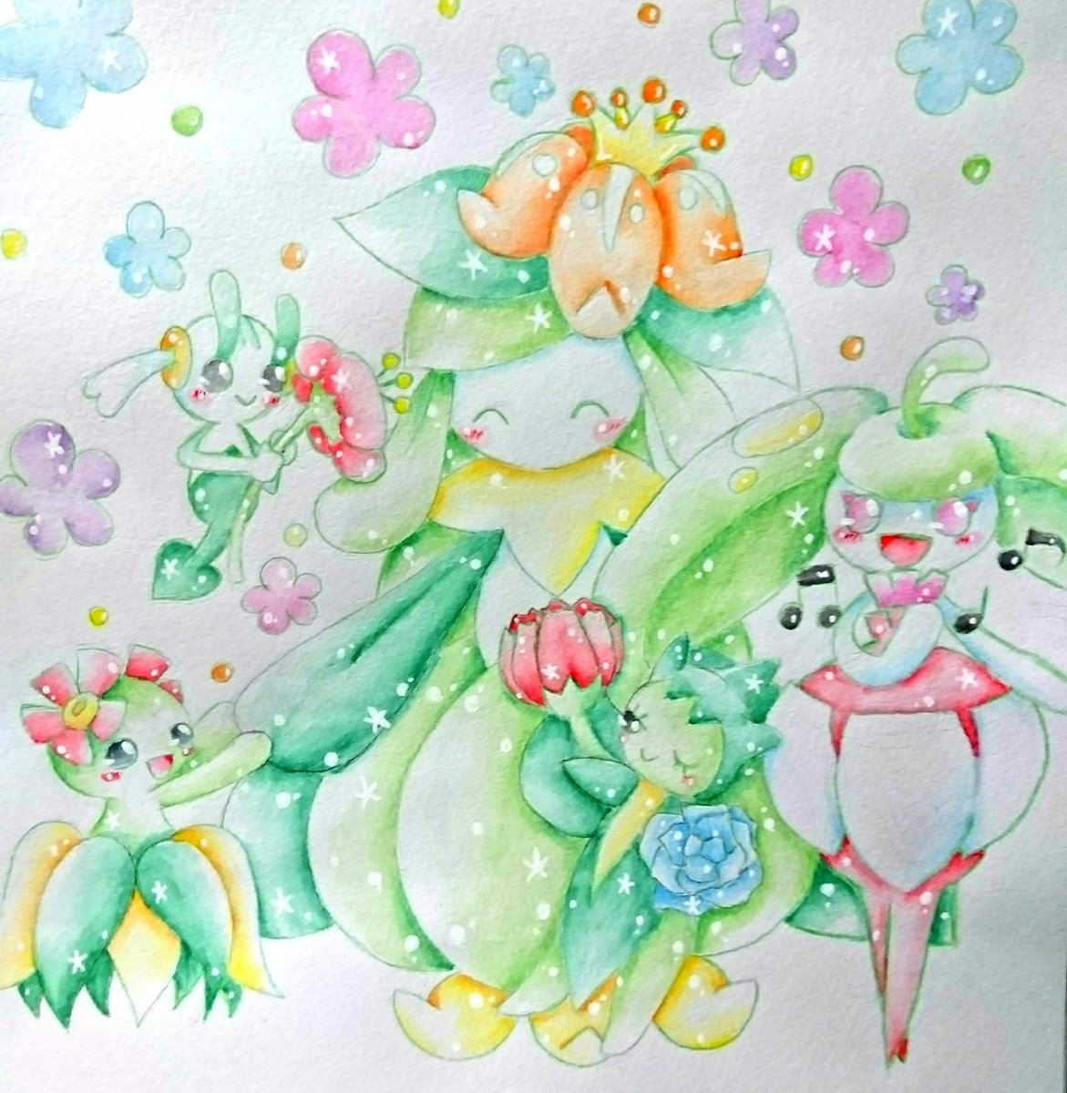 愁羅 In率低下中 ポケモンイラスト ふぅ 時間かかった やっと出来たー お気に入りポケモン見てて 意外と草ポケモン可愛いなって思いましたー W 結構気に入ってるポケモン達も描いた事無い娘達多いなぁーって思いました 苦笑 ドレディアさんは皆