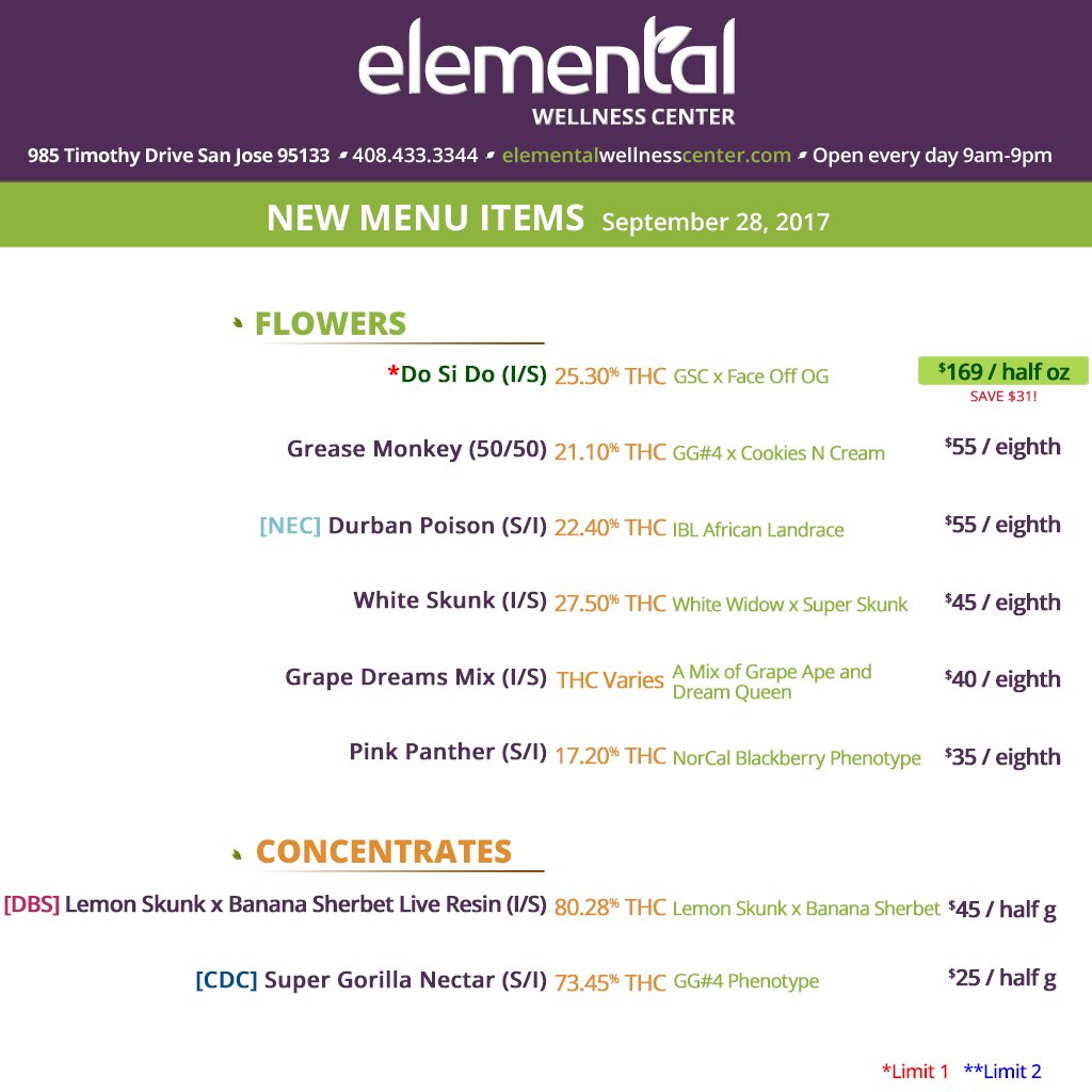 Elemental2009's tweet photo. MENU UPDATE >> #DoSiDo #Halfoz deal in @ 25% #THC 💪😤 + #Dabblicious LemonSkunk x BananaSherbet #LiveResin in @ 80% #THC 🍋🍌 #elementalupdate https://t.co/AbSYDwPtHo