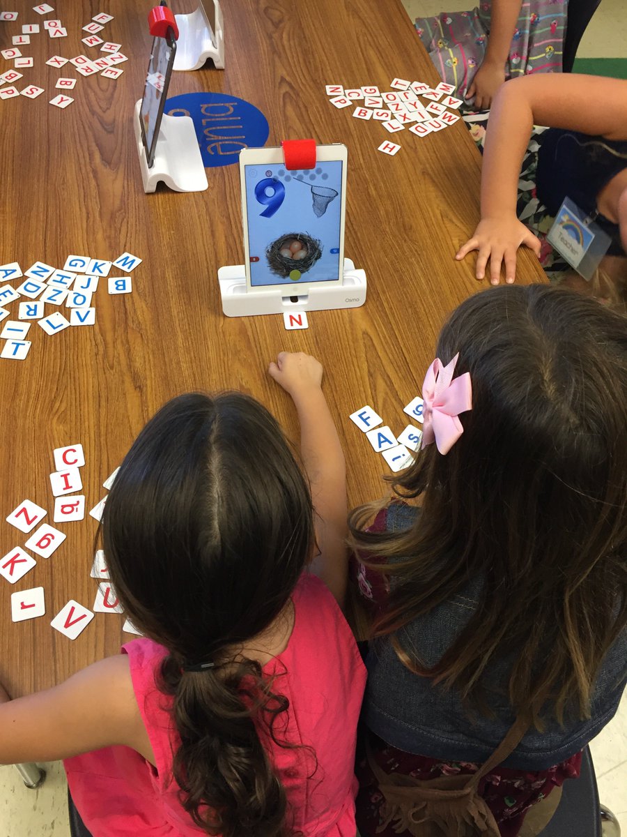 MissVsKinder's tweet photo. We got to use our Osmos for the first time in centers this week. Team work &amp; alphabet practice for the win! @BancroftTWDI @MtDiabloUSD https://t.co/8PDrymcux9