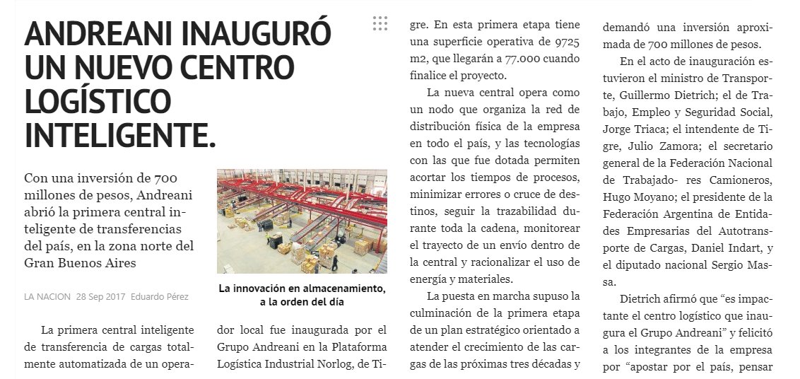 AndreaniOk's tweet photo. 📰📰Compartimos la nota d .@LANACION, "Un centro logístico inteligente para mejorar la distribución" s/ #AndreaniCIT 👉 https://t.co/y6UywLNgnb https://t.co/POYZldTE7s