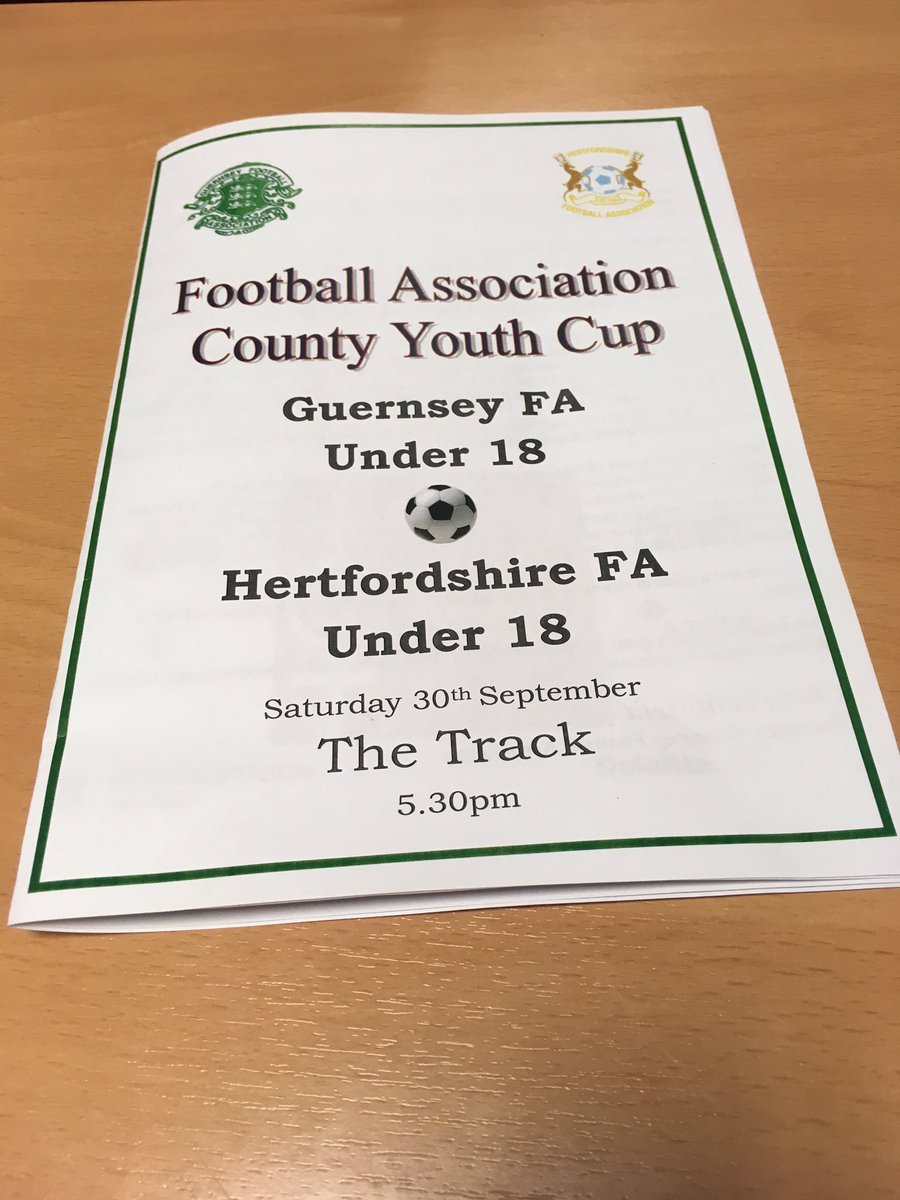 Guernsey_FA's tweet photo. The FA County Youth Cup

Saturday 30th September

Track (Cycling Ground)

5:30pm kick off

Guernsey U18 Vs. Hertfordshire U18 https://t.co/GQRsNv1BMf