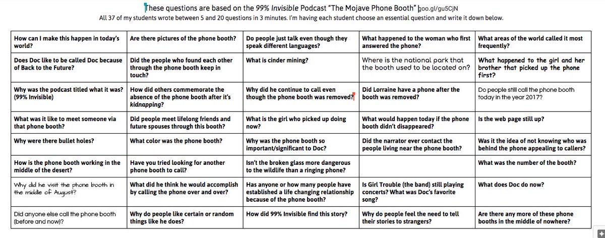 davidtedu's tweet photo. After listening to @99piorg podcast "Mojave Phone Booth" We used the @RightQuestion #QFT to generate questions https://t.co/bY7c22LfZc https://t.co/eqIskz9Zpp