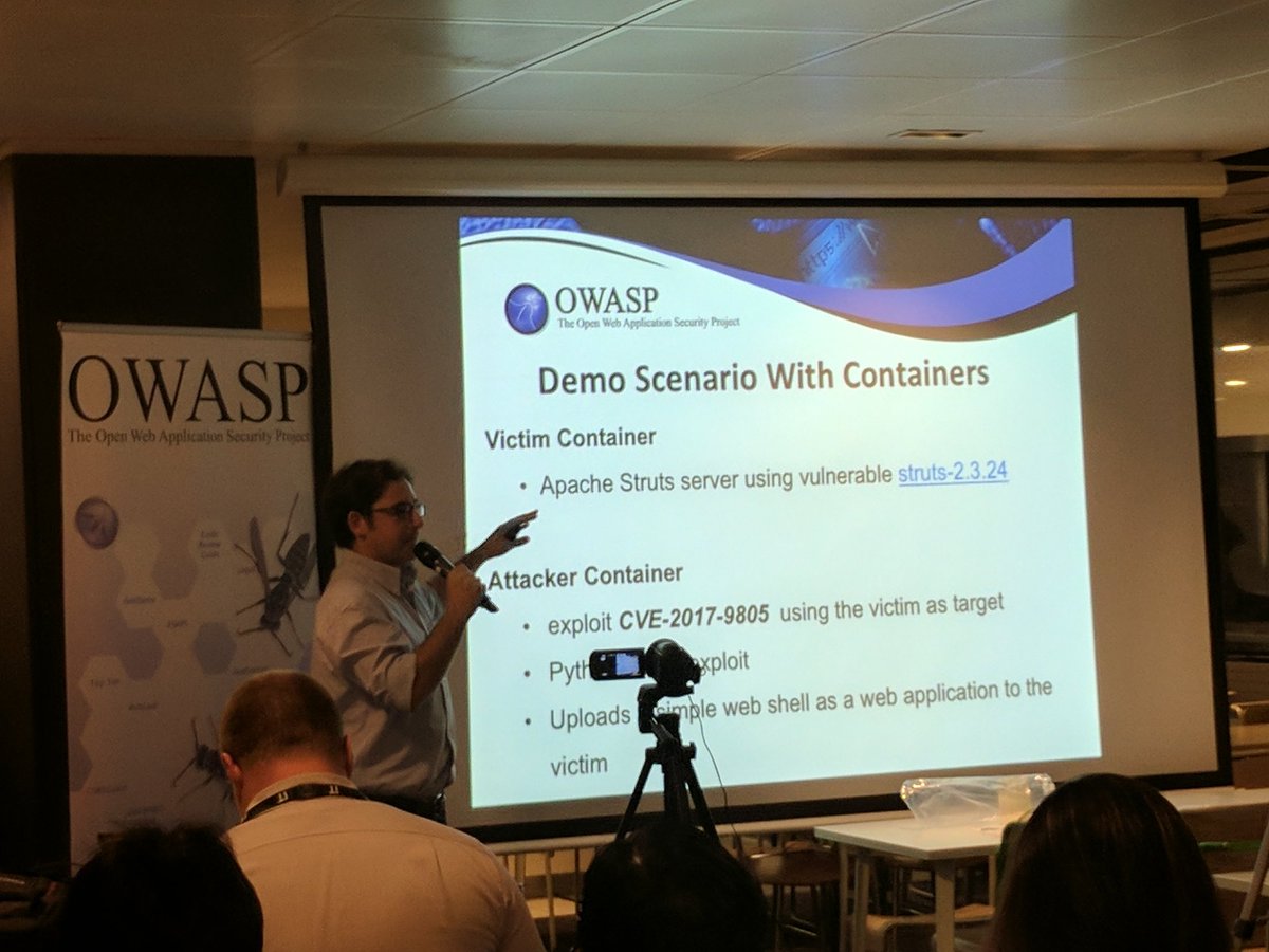 Benjy Portnoy is live demo-ing hacking a Struts app running in a container right now <a href="/OWASPLondon/">OWASP London</a> Chapter Meeting: