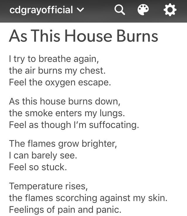 CDGray_author's tweet photo. #NewPoetryDaily #FreeVerse #AsThisHouseBurns #CDGray https://t.co/vCygZpMweR