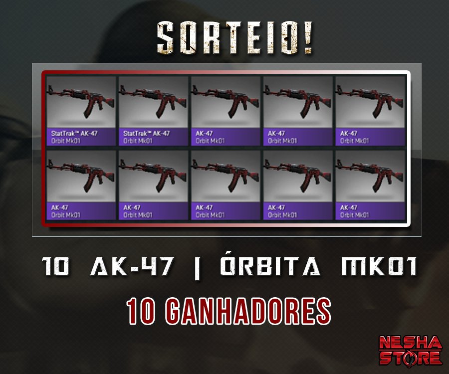 Muita gente nos pede Skins, como não podemos doar para cada um, estamos fazendo uma avalanche de sorteios,novo sorteio: 

✪ 10 AK-47 Orbit MK01 para 10 ganhadores, daqui a 15 dias
LINK PARA PARTICIPAR: goo.gl/cRZxdP
MARQUE AQUI SEUS AMIGOS DO ❤ PRA ELES PARTICIPAREM