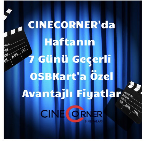 OSBKart'a özel CineCorner'da Tam Bilet: 9 TL, Öğrenci Bileti: 7 TL ! Detaylar www osbkart.com ve Osbkart mobil uygulamasında !