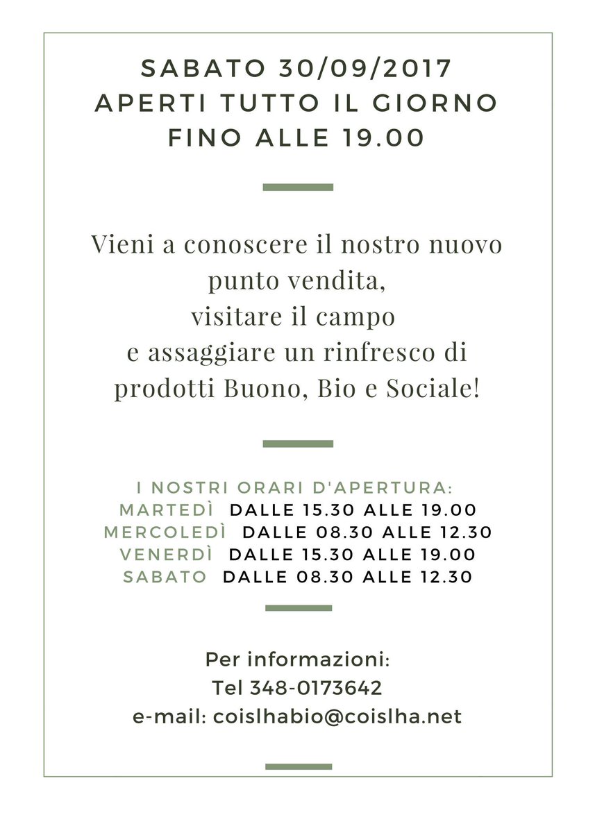 Vi aspettiamo numerosi alla Festa di Inaugurazione del nuovo punto vendita di Coislha Bio. Sabato 30 settembre #BuonoBioSociale