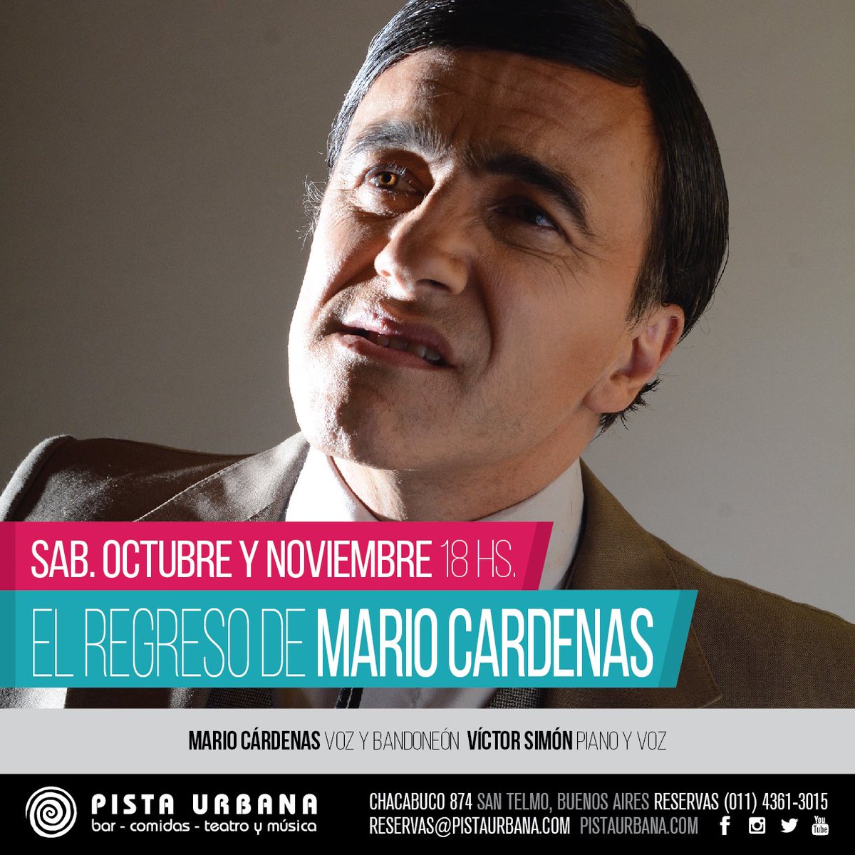 #ElRegresodeMarioCárdenas vuelve el octubre a <a href="/pista_urbana/">Pista Urbana</a> SÁBADOS 18 h reservas@pistaurbana.com @tititelonghi <a href="/tanguille/">Guillermo Fernandez Tango</a> <a href="/radiodemoliendo/">Demoliendo Tangos</a>