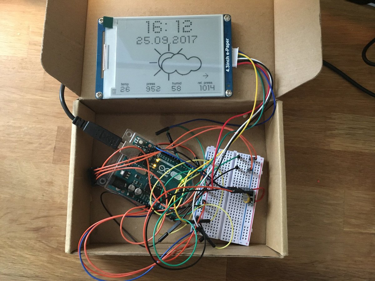 arduino's tweet image. Check the forecast on this Arduino e-ink weather station: bit.ly/2wkWrcH