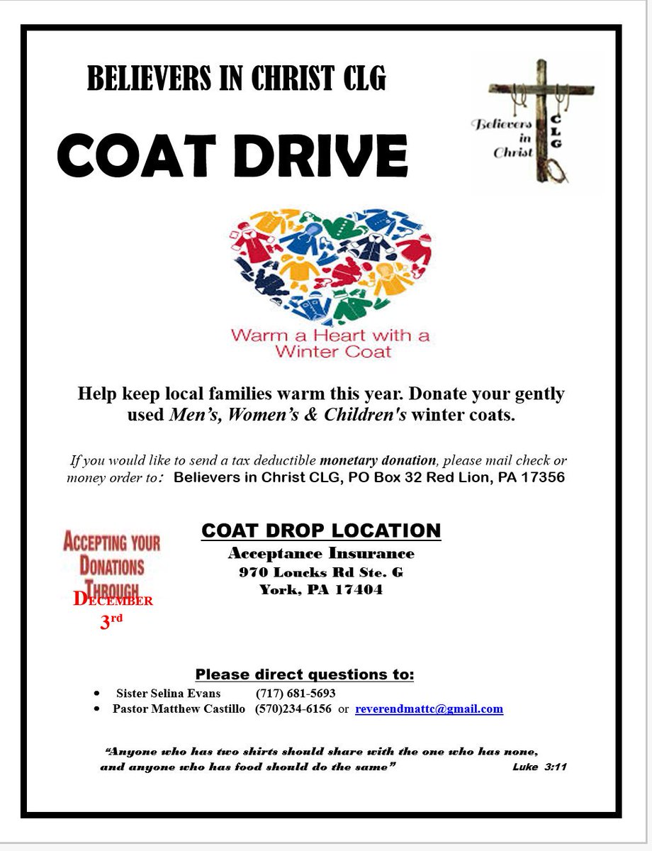 PastorMattC's tweet image. Please support and be a blessing to someone in need.
#BelieversinChristCLG #coatdrive #Luke3:11 #Giveanditwillcomebacktoyou
