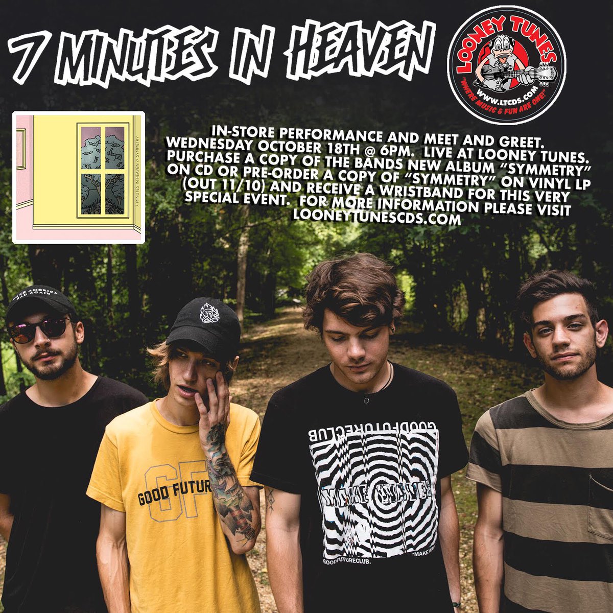 7 Minutes In Heaven (@7mihband) on Twitter photo Surprise! We're doing an in-store acoustic performance / meet & greet at <a href="/LooneyTunesCDS/">Looney Tunes</a> on 10/18! Let's hang 🎉 ltcds.com/7-minutes-in-h… Surprise! We're doing an in-store acoustic performance / meet & greet at <a href="/LooneyTunesCDS/">Looney Tunes</a> on 10/18! Let's hang 🎉 ltcds.com/7-minutes-in-h…