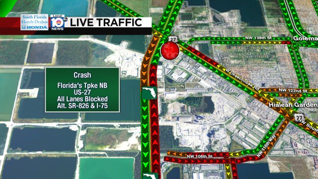 CRASH: Florida's Tpke NB & US-27. ALL lanes are blocked. Drivers getting by on the shoulder. Alts: SR-826 & I-75 https://t.co/uRgzD1mU2q