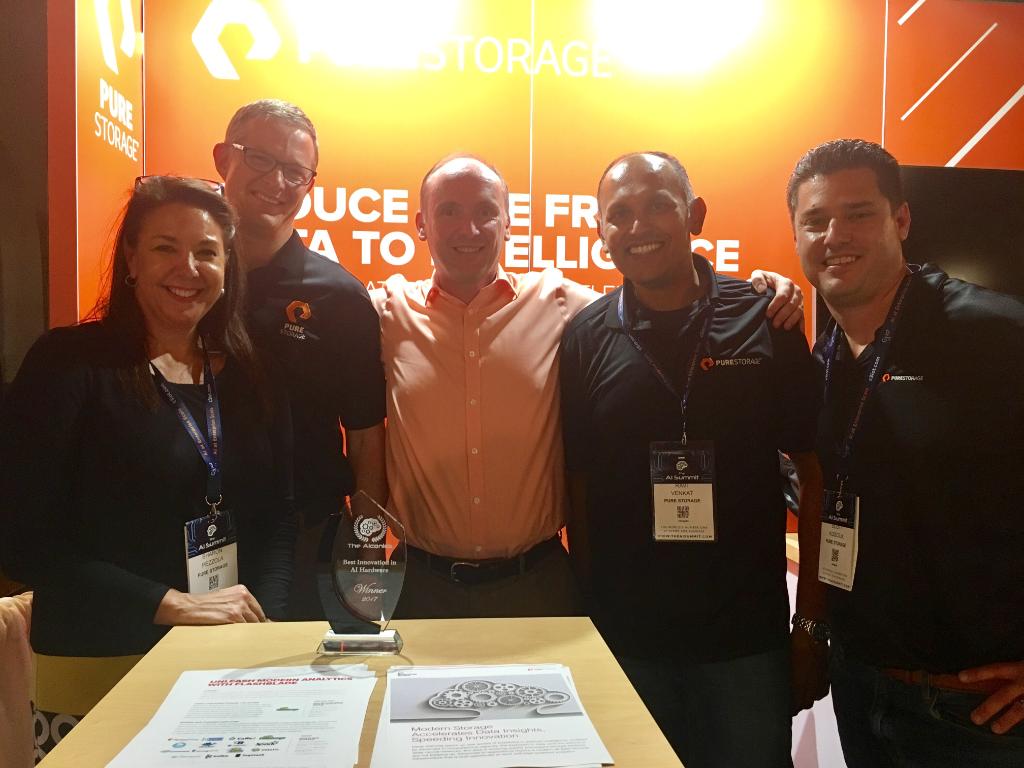 Brian Schwarz, VP Product Management for #FlashBlade, accepts the AIconics Best Innovation in AI Hardware Award at #AISummit 2017!