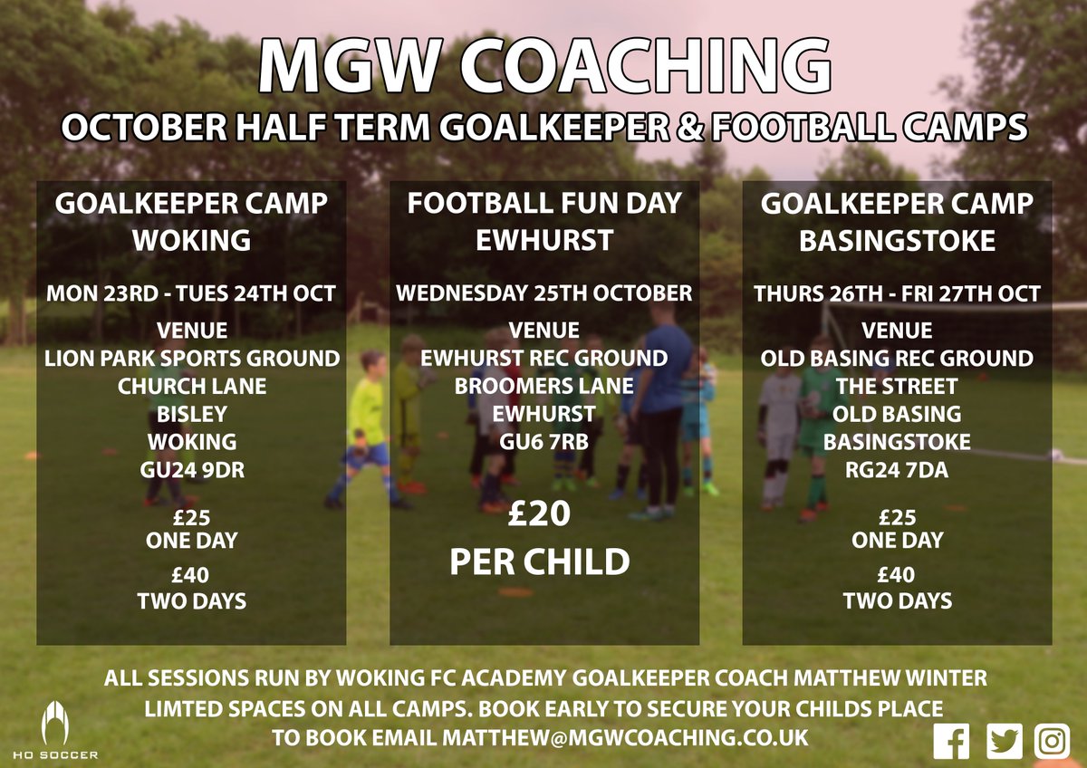 October Half Term Goalkeeper Camps &amp; Football Fun Days in #Woking, #Basingstoke &amp; #Ewhurst

Please RT