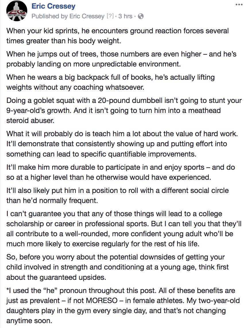 Thoughts on kids and resistance training. facebook.com/CresseyTrainin…