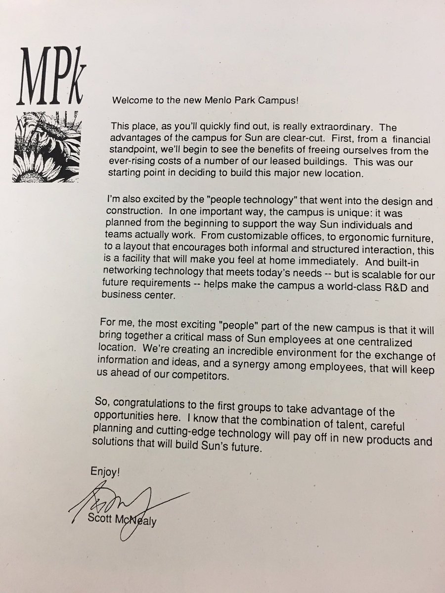 Letter from Scott McNealy welcoming people to Sun's Menlo Park campus.