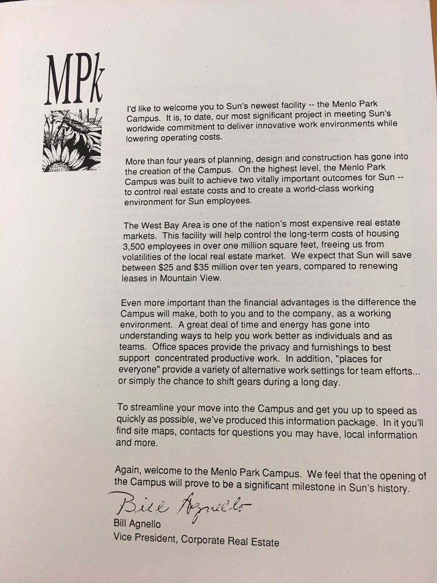Letter from Bill Agnello, Vice President Corporate Real Estate welcoming employees to Sun Menlo Park campus.