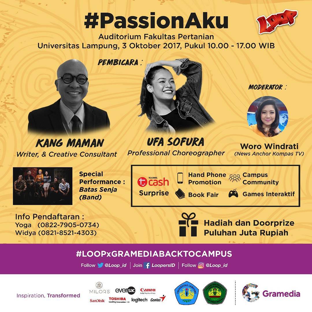 BEMFP_UNILA's tweet photo. [BEM FP X GRAMEDIA X LOOP]
Talkshow #PassionAku
Selasa-Rabu, 3-4 Oktober 2017 https://t.co/kTHVh4GFRO