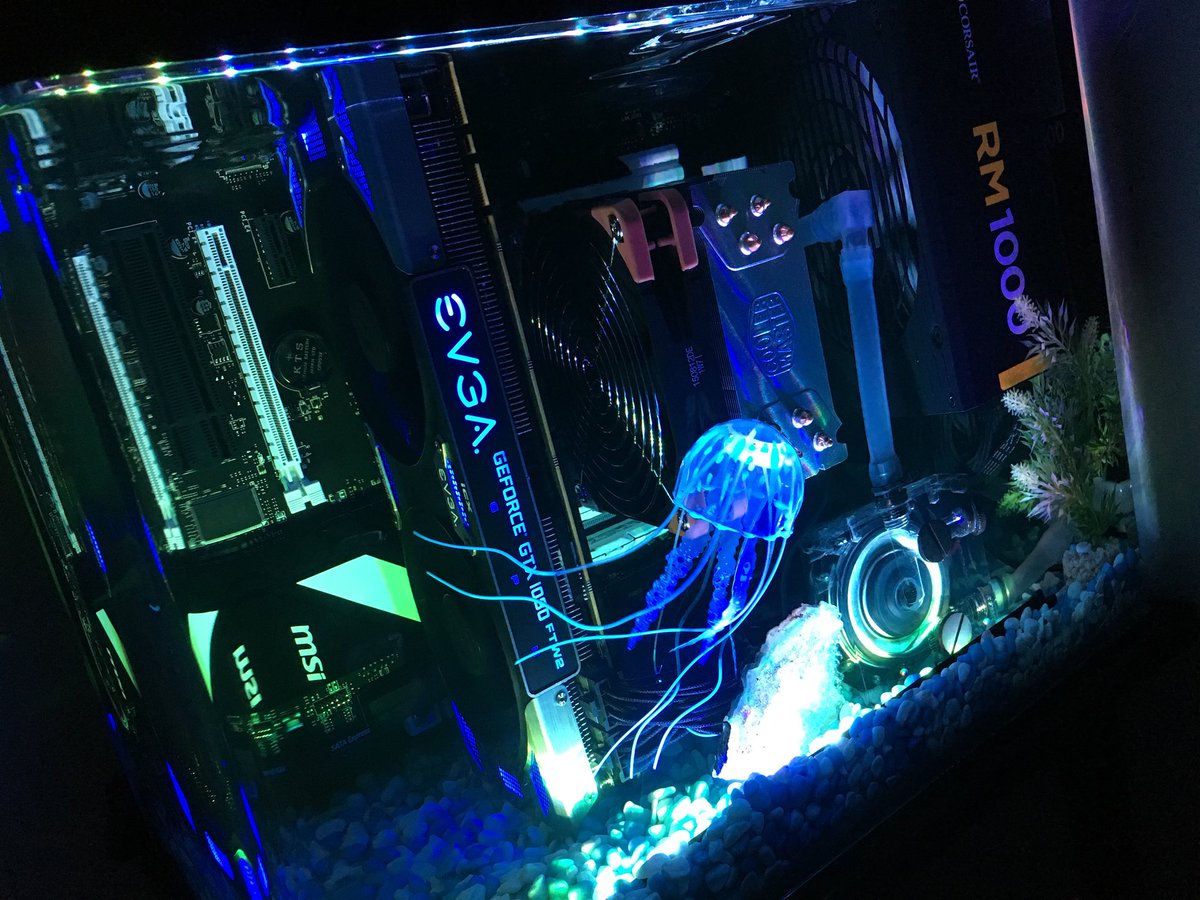 Pyonic's tweet image. Bought a 1080 to live it up next to the jelly fish in my mineral oil PC! 😀 @NVIDIAGeForce @TEAMEVGA