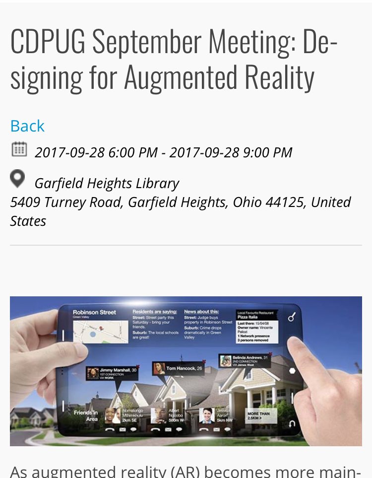 At <a href="/CuyahogaLib/">Cuyahoga Library</a> tonight, <a href="/CDPUG/">CDPUG</a> mtg.

<a href="/VRBANIST/">Bill Myers</a> is founder <a href="/NewTerritoryAR/">New Territory</a> &amp; @NewTerritoryVR and <a href="/AkronVR/">Akron VR Meetup</a> organizer cdpug.org/event/cdpug-au…