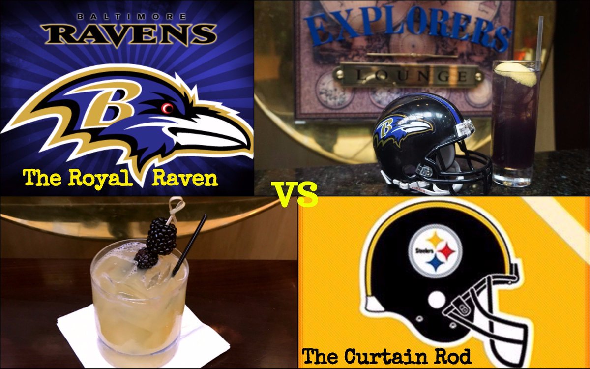 HarborCourtBalt's tweet photo. This week's #Cocktail #Showdown features the Royal Ravens vs The Curtain Rod. That's right, it's #Steelers week!! #GoRavens #sonesta #rshc https://t.co/r0E0VItk4i