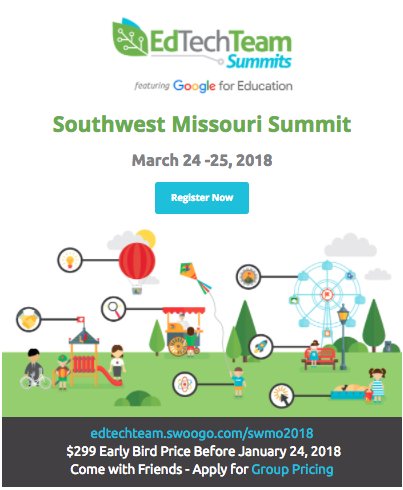 edtechteam's tweet photo. Coming March 2018: the Southwest Missouri Summit featuring Google for Education https://t.co/GIoVZrpoaX #edtechteam @markwagner @followmolly https://t.co/FvlawRoeAp