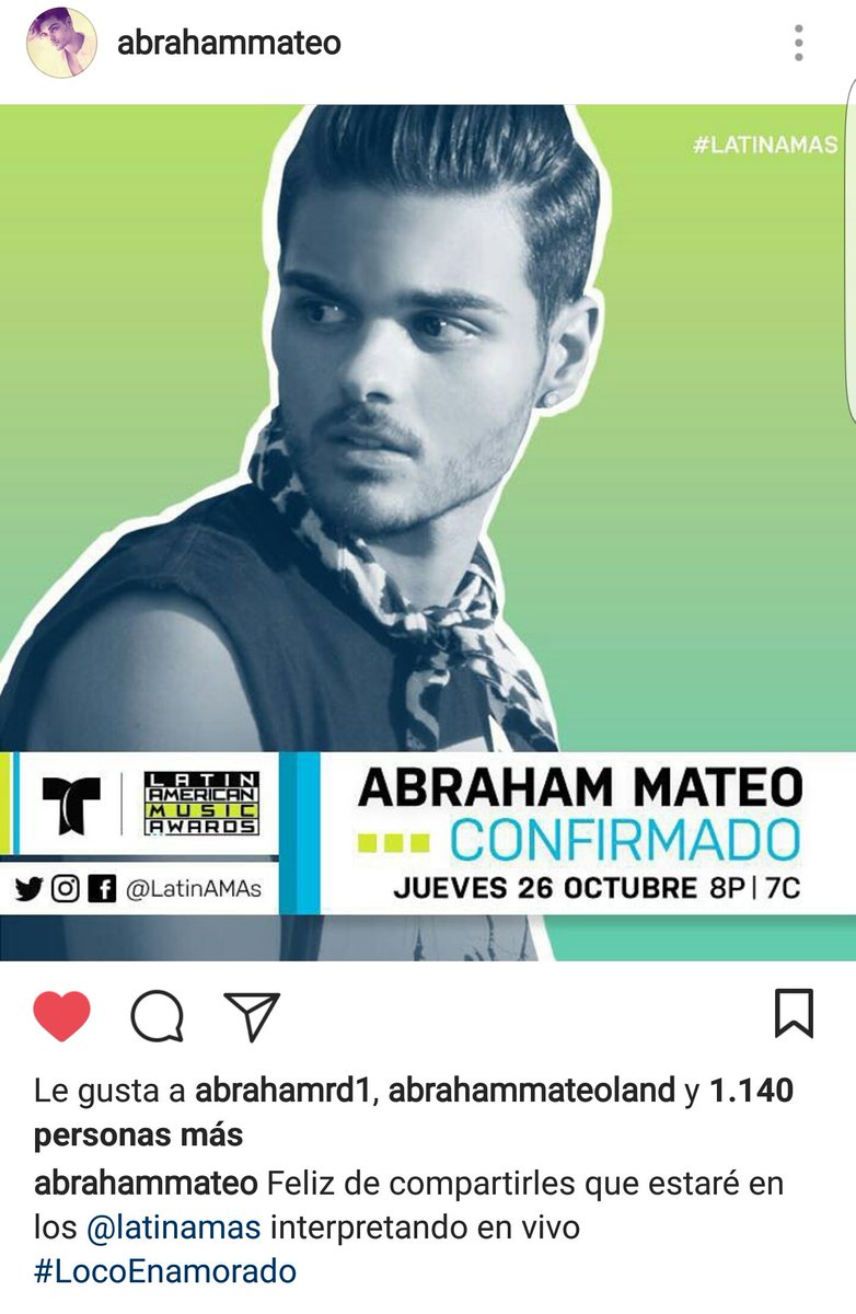[RT] NOTICIÓN 😄 <a href="/AbrahamMateo/">Abraham Mateo</a> presentará por primera vez #LocoEnamorado para la TV, en la próxima edición de los <a href="/LatinAMAs/">Latin American Music Awards</a> 👏 ¡Felicidades!