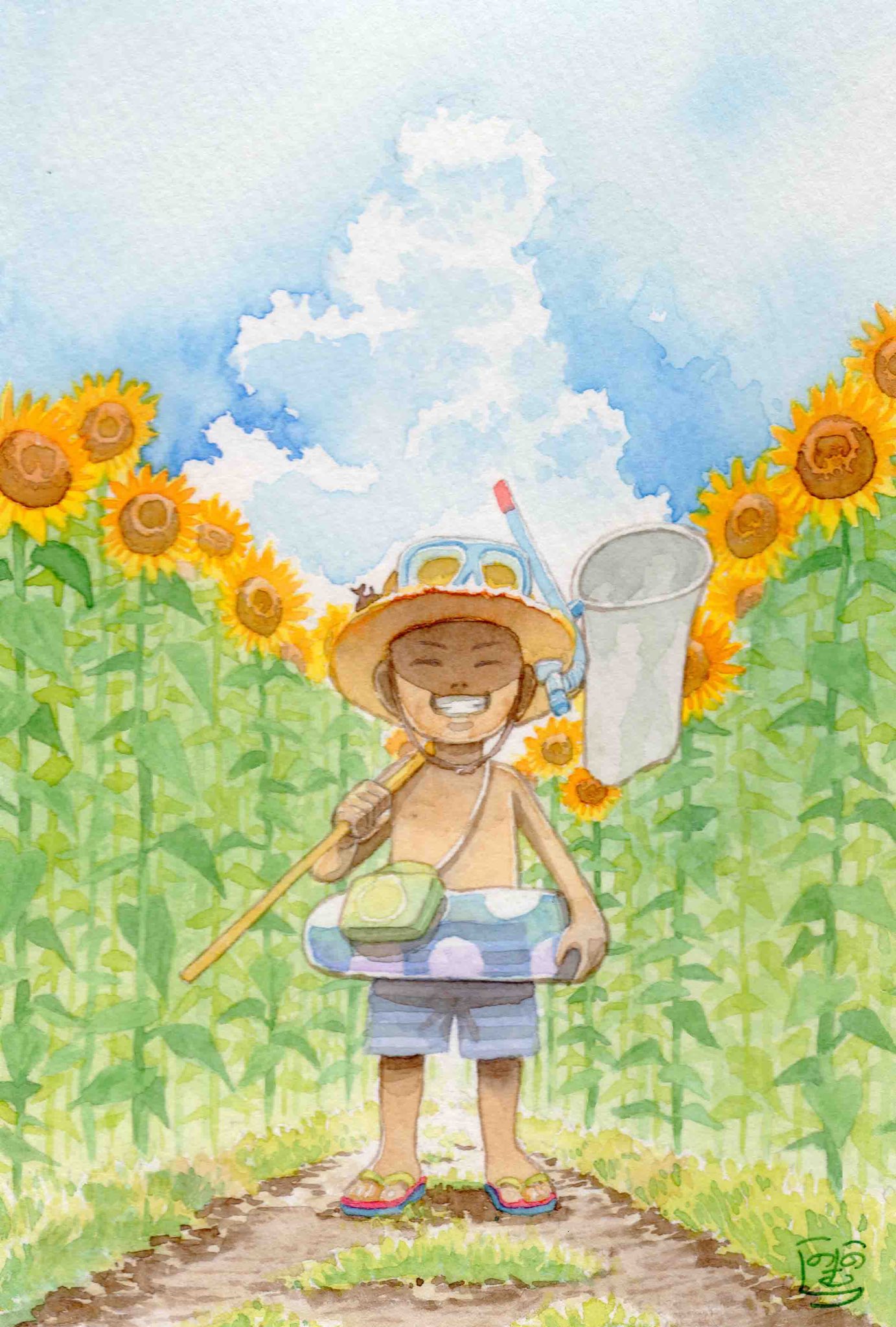 野々村和真 9月ももう終わるというのに8月のイラストが出来ました 8月 イラスト 夏 日焼け 麦わら帽子 向日葵 虫取り網 虫かご 浮き輪 ゴーグル 海パン 入道雲 カブトムシ 帽子の上に 季節外れ 9月も描かなきゃ 透明水彩 Illustration