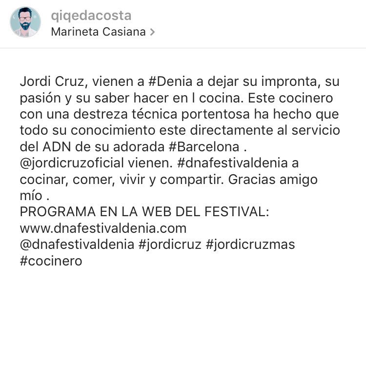 Desde el ❤️ de #Barcelona , <a href="/JordiCruzMas/">Jordi Cruz Mas</a> oficia con pasión en <a href="/ABaC_Barcelona/">ABaCRestaurant&Hotel</a> .Pero el fin de semana es un guerrero + de #dnaFestivalDenia