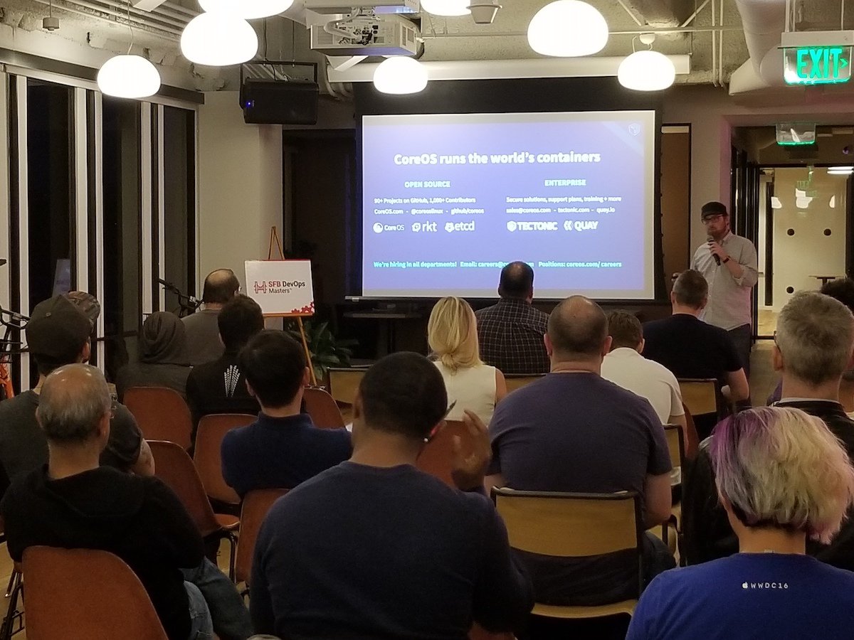 Josh Wood of <a href="/CoreOs/">CoreOS, Inc.</a> shares how to do #Kubernetes "the easy way" at SFB DevOps Masters meetup. #DevOps #Cloud <a href="/coreos/">CoreOS, Inc.</a> <a href="/joshixisjosh9/">Josh Wood</a>