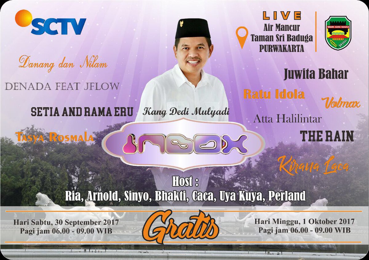 DiskominfoPWK's tweet photo. Karnaval @InboxSCTV_ akan hibur masyarakat Purwakarta Sabtu 30 September 2017 https://t.co/i1SEqMOgx5