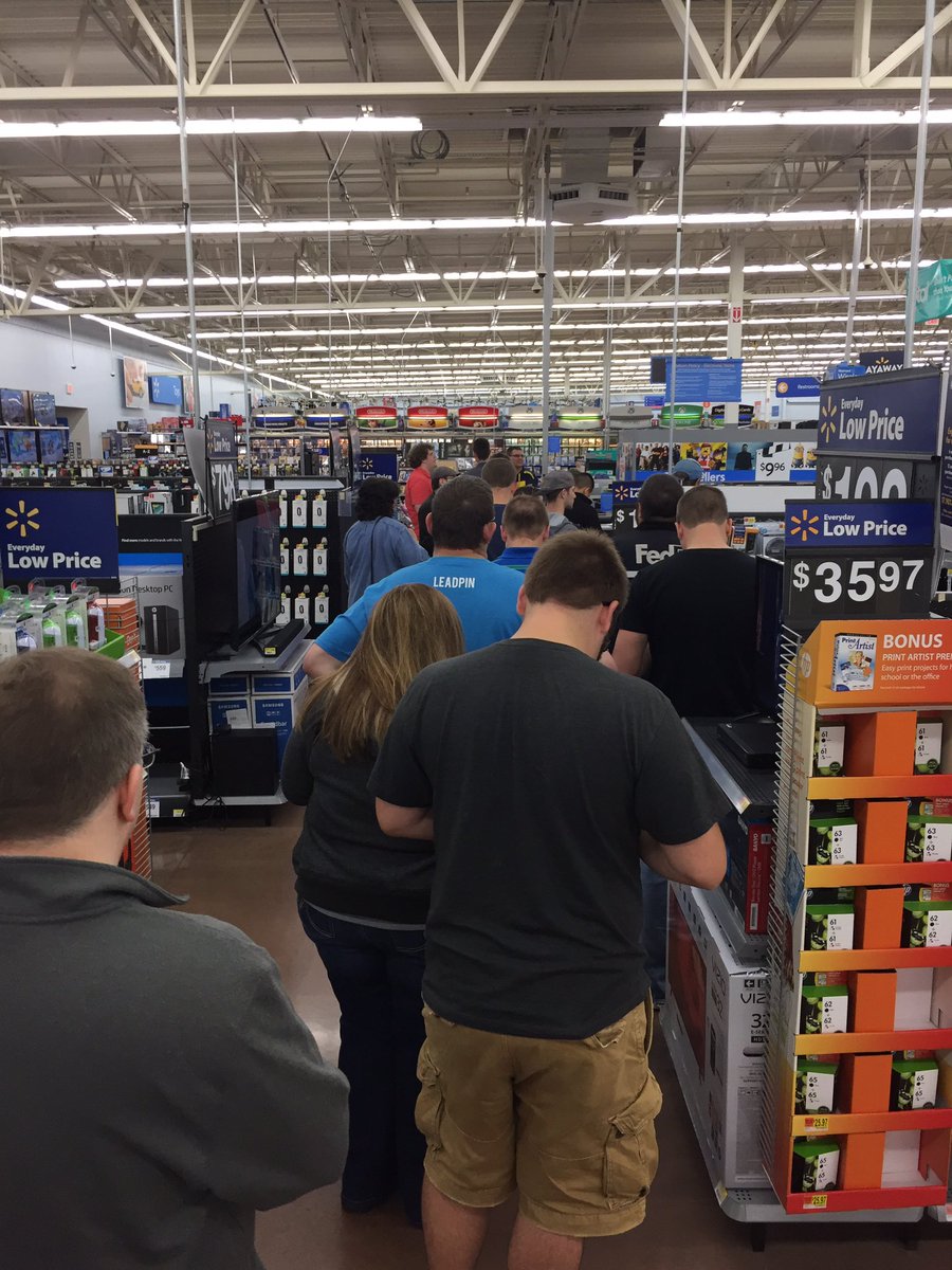 theotherKJ's tweet photo. This is the line in Walmart for the SNES. I'm currently standing in this line. Who am I?! 🤞🏻we walk away with a SNES at midnight 😁🙈 https://t.co/0CgVdB06fB