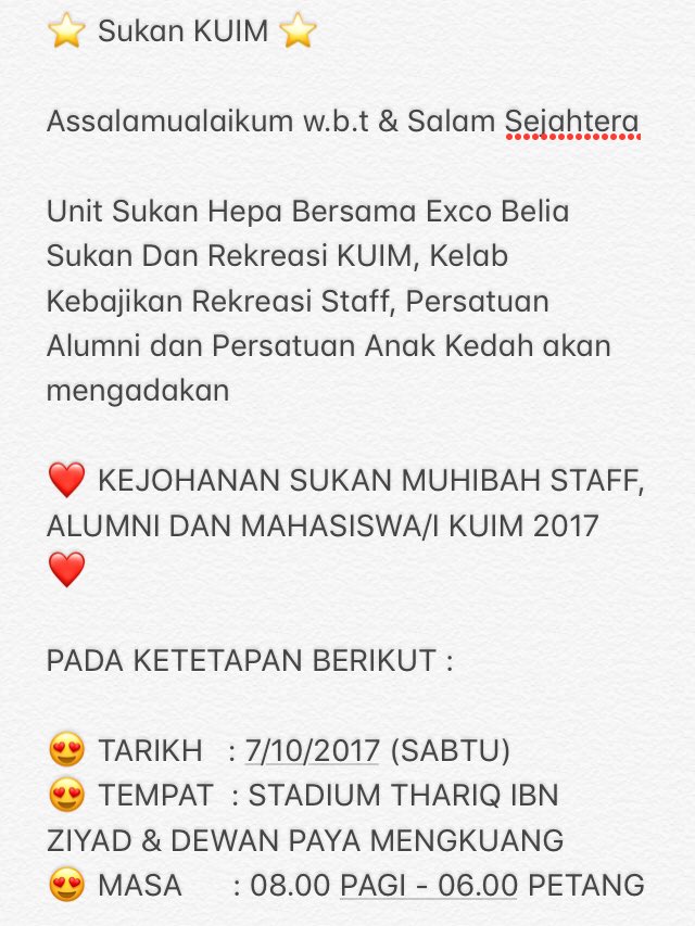 mppkuim's tweet photo. ⭐️ SUKAN MUHIBAH STAFF ALUMNI &amp; MAHASISWA 2017 ⭐️

Ayuh! Jom support dan turut serta dalam program ini ! 🏃🏻🏃🏻‍♀️ https://t.co/SzcNhCnVa2